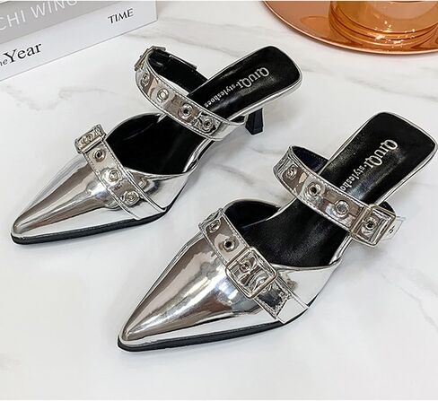 Women's Pointed Toe Metal Buckle Kitten Heels Mule Sandals,Summer Adjustable Buckle Sexy Metal Mid Heeled Arch Support Comfortable Slip-On Leather Dress Party Wedding Shoes in Saudi Arabia