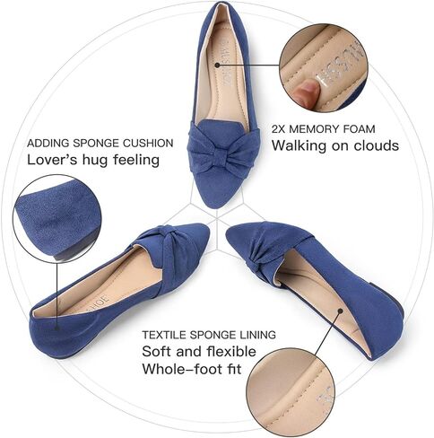 حذاء مسطح للنساء من MUSSHOE، مريح بمقدمة مدببة سهل الارتداء، حذاء مسطح للسيدات، كحلي 2 8 in Kuwait