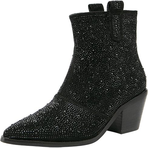 GATUXUS Women's Chunky Heels Rhinestone Ankle Boots Sparkly Pointed Toe Western Cowboy Mid Calf Booties Winter Shoes in Saudi Arabia