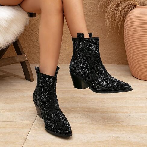 GATUXUS Women's Chunky Heels Rhinestone Ankle Boots Sparkly Pointed Toe Western Cowboy Mid Calf Booties Winter Shoes in Saudi Arabia