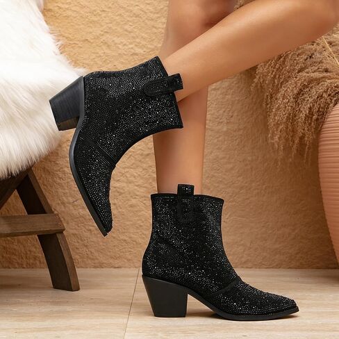 GATUXUS Women's Chunky Heels Rhinestone Ankle Boots Sparkly Pointed Toe Western Cowboy Mid Calf Booties Winter Shoes in Saudi Arabia
