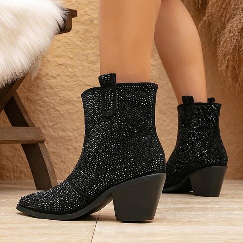 GATUXUS Women's Chunky Heels Rhinestone Ankle Boots Sparkly Pointed Toe Western Cowboy Mid Calf Booties Winter Shoes in Saudi Arabia