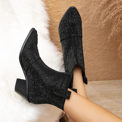 GATUXUS Women's Chunky Heels Rhinestone Ankle Boots Sparkly Pointed Toe Western Cowboy Mid Calf Booties Winter Shoes in Saudi Arabia