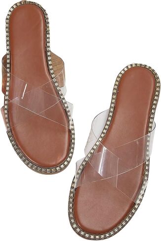 GORGLITTER Women's Rhinestone Clear Flat Sandals Cross Strap Open Toe Slip on Slide Sandals in Saudi Arabia