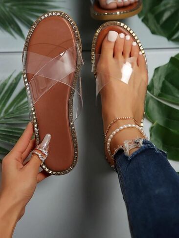 GORGLITTER Women's Rhinestone Clear Flat Sandals Cross Strap Open Toe Slip on Slide Sandals in Saudi Arabia