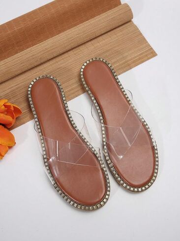 GORGLITTER Women's Rhinestone Clear Flat Sandals Cross Strap Open Toe Slip on Slide Sandals in Saudi Arabia
