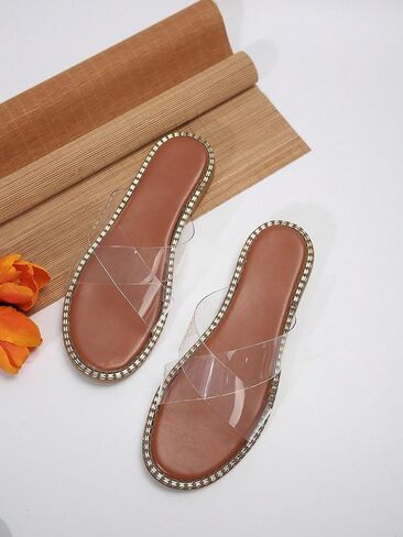 GORGLITTER Women's Rhinestone Clear Flat Sandals Cross Strap Open Toe Slip on Slide Sandals in Saudi Arabia