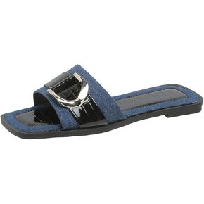 Women'S Fashion Denim Flat Slide Sandals With Metal Buckle Decor Summer Square Open Toe Comfortable Slip-On Slides Beach Party Dress Slippers