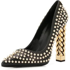FSJ Women Gold Metal Chain Chunky High Heel Pointed Toe Slip On Fashion Party Prom Pumps Prom Shoes Size 4-15 US