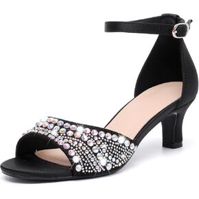 kkdom Women Rhinestone Low Kitten Heels Sandals Open Toe Ankle Strap Fashion Stilettos Buckle Office Wedding Dating Dress Shoes
