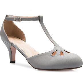 Olivia K Women's Kitten Low Heels T-Strap Pumps - Adorable Vintage Retro Shoes with T Strap - Unique Upper Cut Out Design