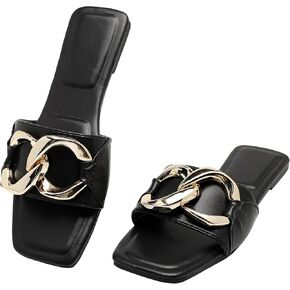 Women's Flat Slides square open toe Slippers Shoes Summer leather dressy sandals for women.