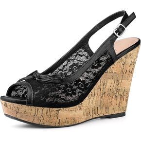 Perphy Platform Heels Lace Bow Slingback Wedge Sandals for Women