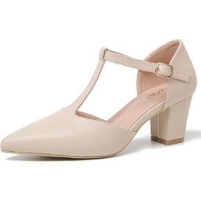 Womens T Strap Mary Jane Shoes Chunky Block Heel Pointed Toe Ankle Strap Buckle Dress Pumps