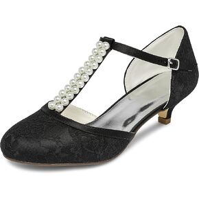 JIAJIA 01129 Women's Bridal Shoes Closed Toe T-Strap 1.8'' Low Heel Lace Satin Pumps Imitation Wedding Shoes