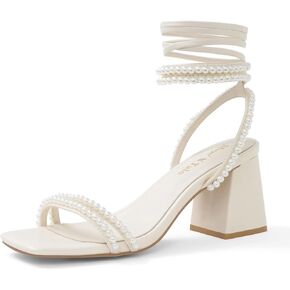 Shoe'N Tale Lace Up Pearl Heels for Women Ankle Strappy Gladiator High Heeled Sandals Chunky Block Heel Square Open Toe Criss Cross Dress Shoes