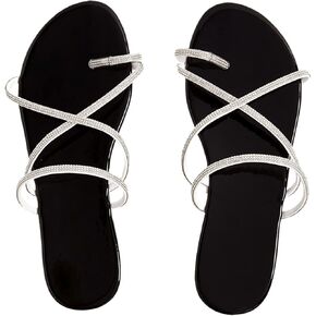 GORGLITTER Women's Rhinestone Glitter Dressy Flat Sandals Strappy Toe Ring Slip on Open Toe Slide Sandals