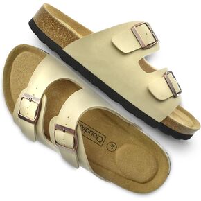 CLOUDAIR Joyce Sandals, Women’s Arch Support Slides, Suede Vegan Leather, Two Adjustable Buckle Straps, Cork Footbed