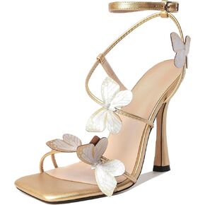 Women's High Heel Sandals, Ankle Strap Strappy Butterfly Heels, Square Open Toe Stiletto Heeled Sandals 4 Inches