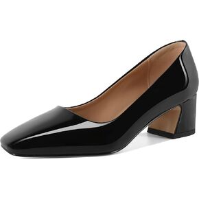 Soireelady Womens Chunky Block Heels Square Toe Low Heel Pumps Closed Toe Slip On Patent Classic Dress Shoes 2 Inches