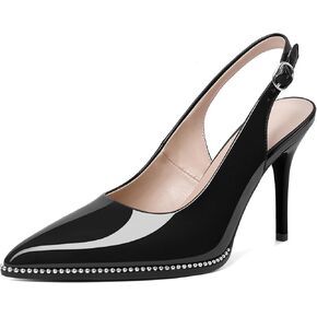 Soireelady Women Slingback High Heel Beaded Pumps Closed Pointed Toe Slip On Stilettos Adjustable Buckle Dress Pumps Shoes Patent 3.5 Inches