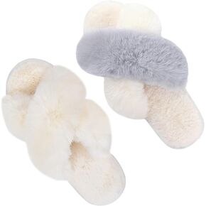 Parlovable Set of 2 Pairs-Women's Plush Cross Band Slippers Furry Fur Open Toe Cozy House Shoes Comfy Anti-Slip, US Size 7-8 (Cream,White/Grey)