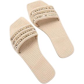 Verdusa Women's Studded Flat Sandals Casual Slip On Slides Square Toe Beach Sandals