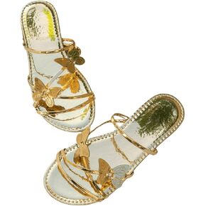 GORGLITTER Women's Butterfly Sandals Metallic Flat Sandals Criss Cross Strappy Slide Sandals