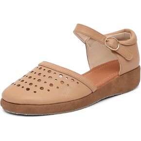 GATUXUS Women's Low Wedge Ankle Strap Buckle Flats Shoes Closed Toe Roman Cage Cusual Flat Sandals