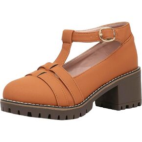 GATUXUS Women's Classic T-Strap Chunky Mid Heels Pumps Mary Janes Round Toe Platform Oxfords Dress Shoes