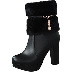 UTIKLIOU Women's Ankle Boots Platform Boots Side Zip Chunky Heel Booties with Fur Round Toe Leather Winter Boots for Women