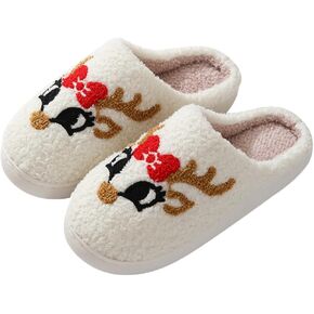 Christmas Slippers Memory Foam for Women Men, Cozy Plush Warm Non-Slip Holiday Slides with Santa Reindeer Designs Indoor Outdoor