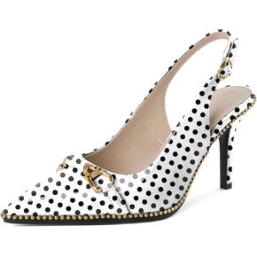 Slingback Heels Women's Pointed Toe Stilettos High Heel Pumps Metal Buckle Gold Beaded Shoes