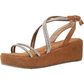 getmorebeauty Women's Rhinestone Cross Strappy Wedge Sandals Open Toe Platform Low Heel Dress Shoes