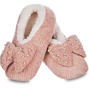 MeMoi Women's Precious Pearls Chenille Bow Accent Sherpa-Lined Slippers