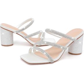 kkdom Women's Square Open Toe Glitter Chunky Heels Sandals Sparkle Bling Rhinestone Short Heels Mule Sandals Slip On Block Heels in Kuwait