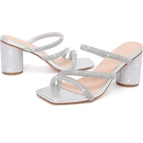 kkdom Women's Square Open Toe Glitter Chunky Heels Sandals Sparkle Bling Rhinestone Short Heels Mule Sandals Slip On Block Heels