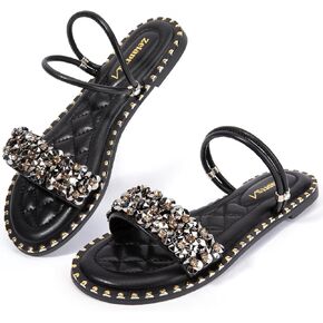 Zelaprox Women's Rhinestone Open Toe Flat Sandals Sparkly Slip on Slide Sandals Strappy Glitter Casual Dressy Flat Sandals for Summer