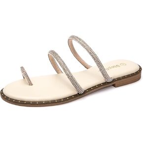 Women's Rhinestone Flat Sandals Slip On Slide Sandals Casual Fashion Summer Sandals Dresy Sandals Beige 08