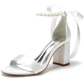 Women's Open Toe Block Low Heel Pearl Satin Chunky Pumps Ankle Strap Wedding Dress Shoes Low Heel Prom Party Sandals