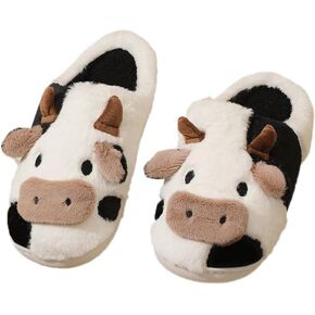 Ladies Cozy Cute Cow Animal Plush Slip On Winter Warm Bedroom Shoes Non Slip House Slippers for Women