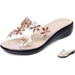 Women's Rhinestone Flower Clear Wedge Slide Sandals with Orthopedic Arch-Support,Open Toe Slip-on Platform Sandals Fish Mouth Beach Slide Shoes