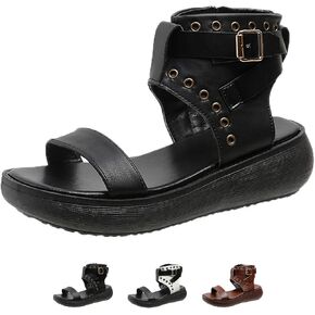 Women's Leather Bands Platform High Top Roman Sandals with Adjustable Ankle Buckle Open Toe Breathable Casual Fashion Gothic Sandals