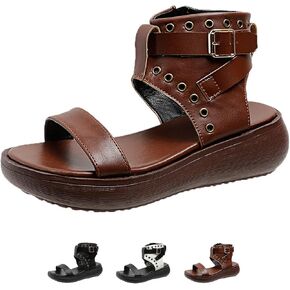 Women's Leather Bands Platform High Top Roman Sandals with Adjustable Ankle Buckle Open Toe Breathable Casual Fashion Gothic Sandals