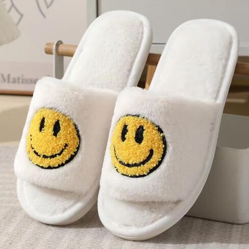 Retro Soft Plush Warm Slip-on Slippers for Women, Cozy Indoor Outdoor House Shoes with Happy Face Design - Womens Slippers for Ultimate Comfort, house slippers for woman, house shoes for women in Saudi Arabia