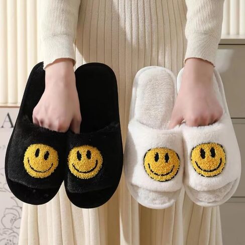 Retro Soft Plush Warm Slip-on Slippers for Women, Cozy Indoor Outdoor House Shoes with Happy Face Design - Womens Slippers for Ultimate Comfort, house slippers for woman, house shoes for women in Saudi Arabia