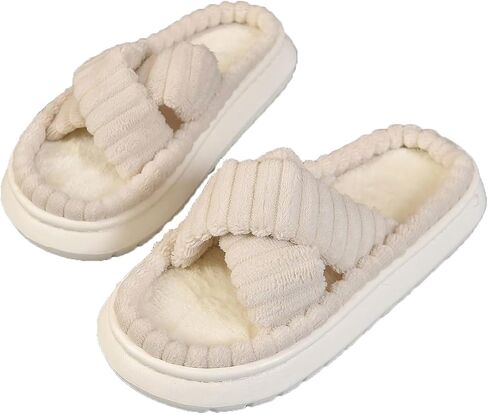 OYOANGLE Women's House Slippers Open Toe Cross Band Fuzzy House Shoes Indoor and Outdoor in Saudi Arabia