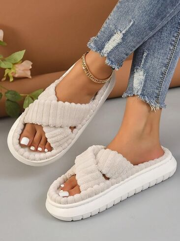 OYOANGLE Women's House Slippers Open Toe Cross Band Fuzzy House Shoes Indoor and Outdoor in Saudi Arabia