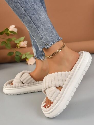 OYOANGLE Women's House Slippers Open Toe Cross Band Fuzzy House Shoes Indoor and Outdoor in Saudi Arabia