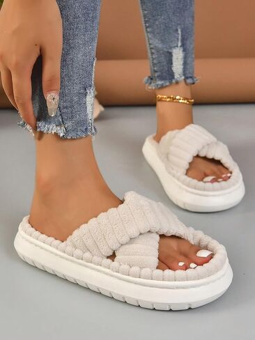 OYOANGLE Women's House Slippers Open Toe Cross Band Fuzzy House Shoes Indoor and Outdoor in Saudi Arabia